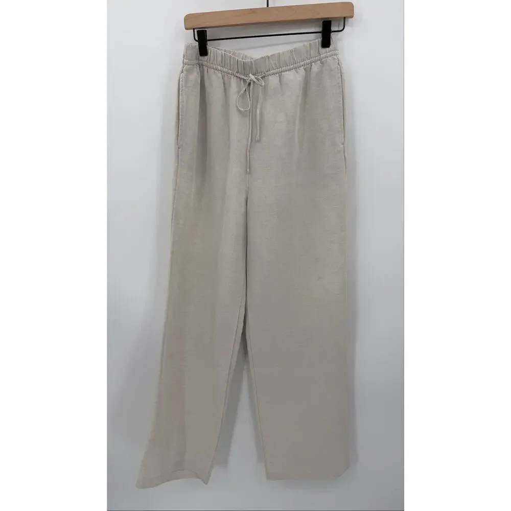 H&M Beige Linen Blend Wide Leg Pull On Pants Coastal Minimalist Small Coastal